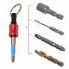 A set of six 1/4 inch hex shank screwdriver bits and a holder extension tool.