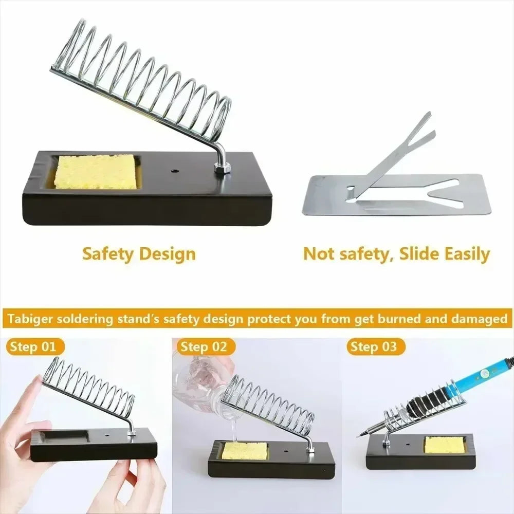 A soldering iron stand with a safety design protecting the tip and a sliding mechanism for easy use.