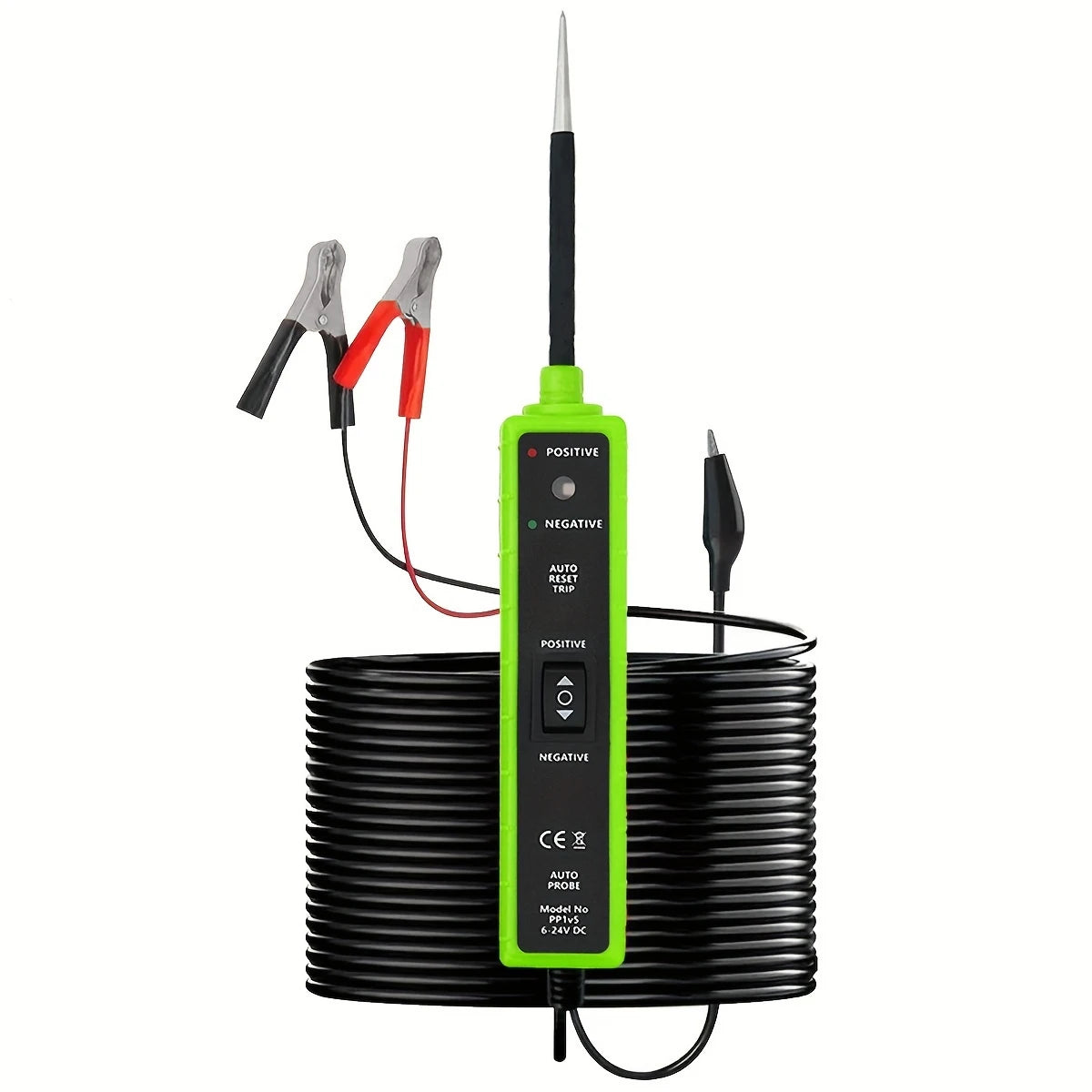 A green automotive circuit tester with a probe and cable is shown next to a pair of pliers.