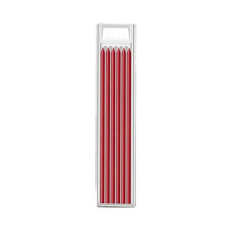 A precision mechanical pencil with red barrel and silver accents, showing multiple sharpened leads.