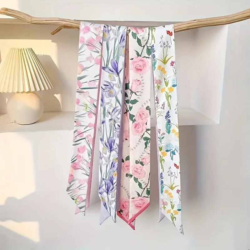 Floral Print Silk Hair Scarf for Women – Long Ribbon Headband