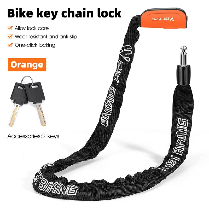 Orange bike key chain lock featuring an alloy lock core and a durable black nylon chain.
