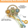 A silicone bear teether toy with multiple colored buttons and a pull string for sensory play