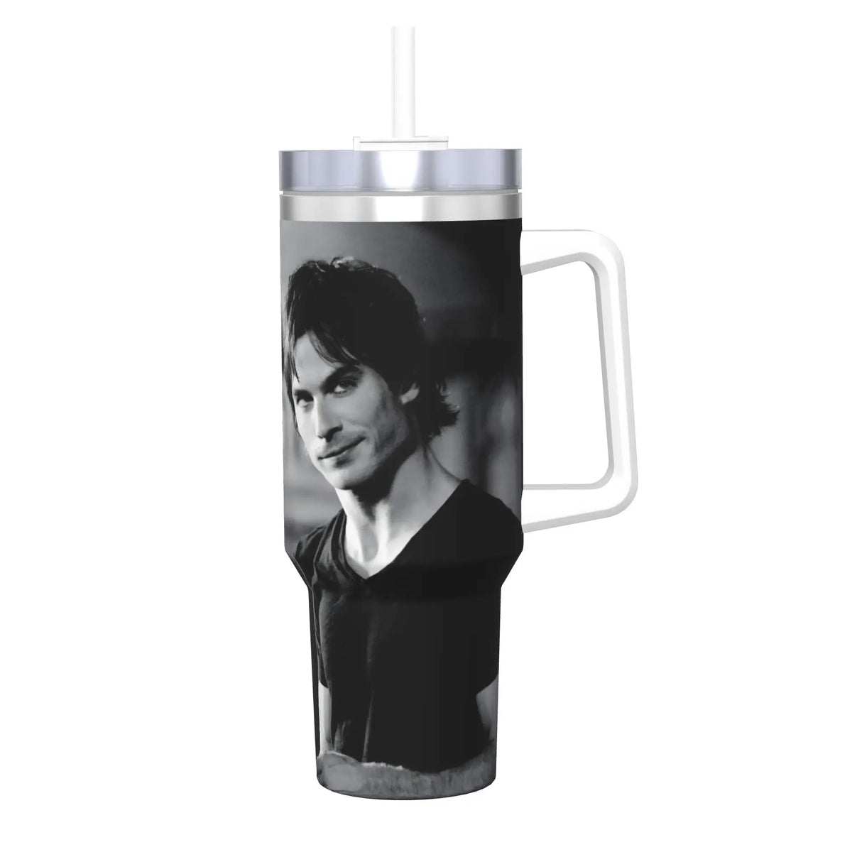 A black and white image of a man is printed on an insulated stainless steel tumbler with a silver straw lid.