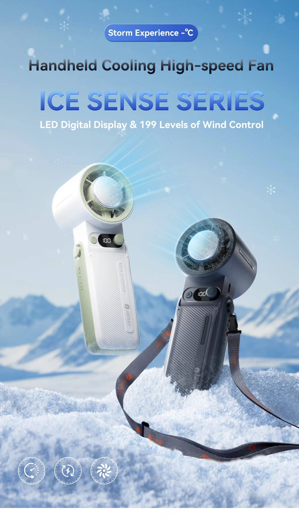 A handheld cooling fan with an LED digital display and wind control settings is shown against a snowy mountain background.
