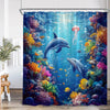 Ocean life shower curtain featuring a vibrant underwater scene with dolphins and sea creatures.