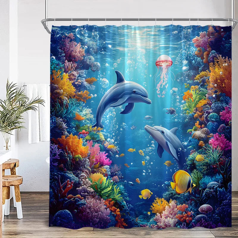 Ocean life shower curtain featuring a vibrant underwater scene with dolphins and sea creatures.