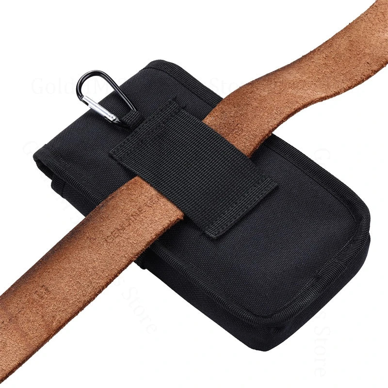 Black multilayer card slot phone pouch with a brown belt loop for carrying devices.