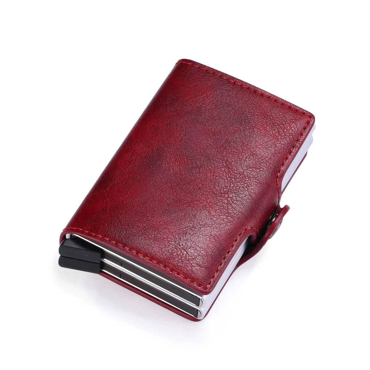 A dark red leather slim wallet with a silver trim and black lining.