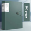 A green A4 expanding file organizer box with a silver lock and a vertical panel displaying 100 pages.