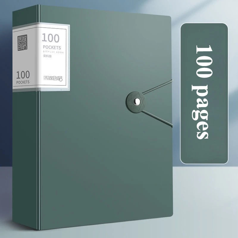 A green A4 expanding file organizer box with a silver lock and a vertical panel displaying 100 pages.