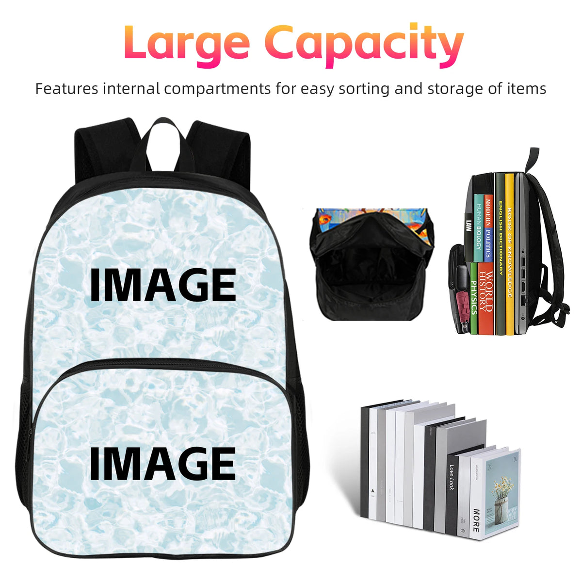 A large capacity backpack featuring internal compartments for sorting and storage, shown with various items.