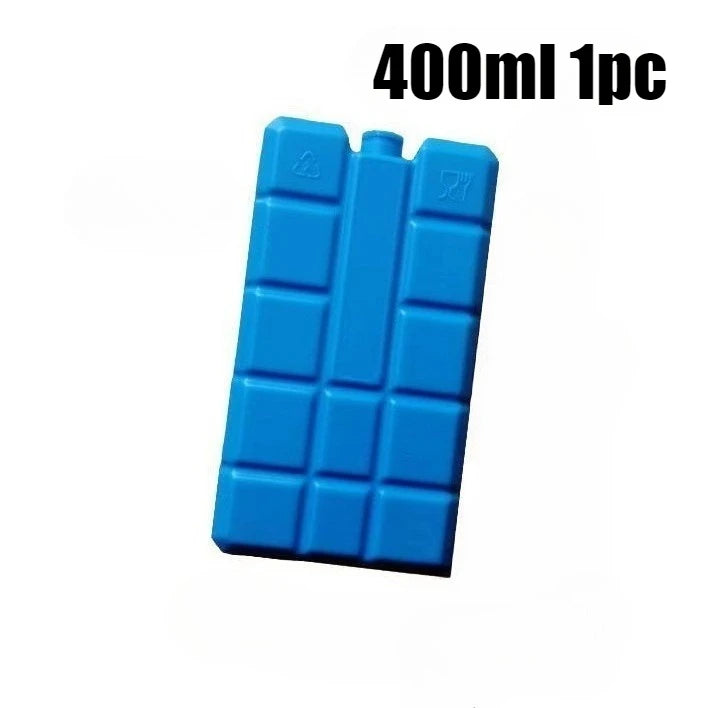 A blue reusable gel ice block product, 400ml size, stacked for use in coolers.