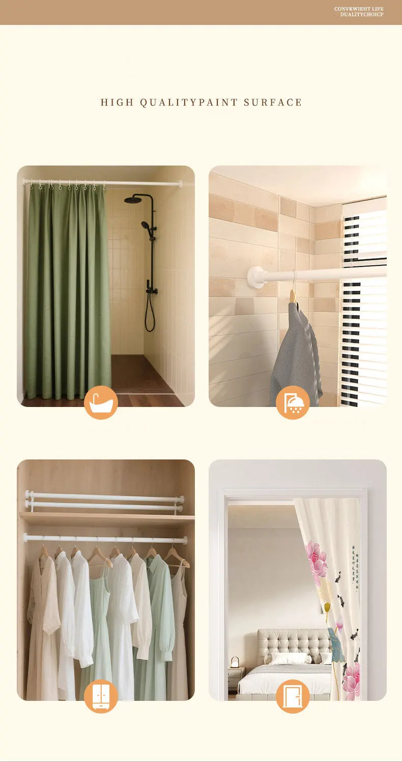 A collection of bathroom and bedroom items featuring a high quality paint surface, including shower curtains, towel rods, and