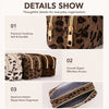 A close-up view of a brown leopard print double-zip pencil case showing its details and interior.