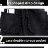 Black kitchen apron featuring an H-shaped strap design and a lace double storage pocket.