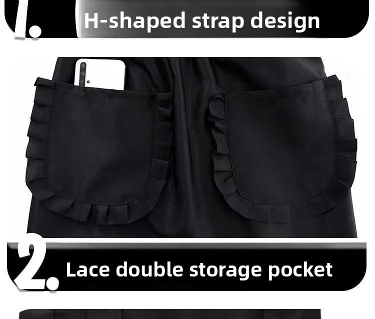 Black kitchen apron featuring an H-shaped strap design and a lace double storage pocket.