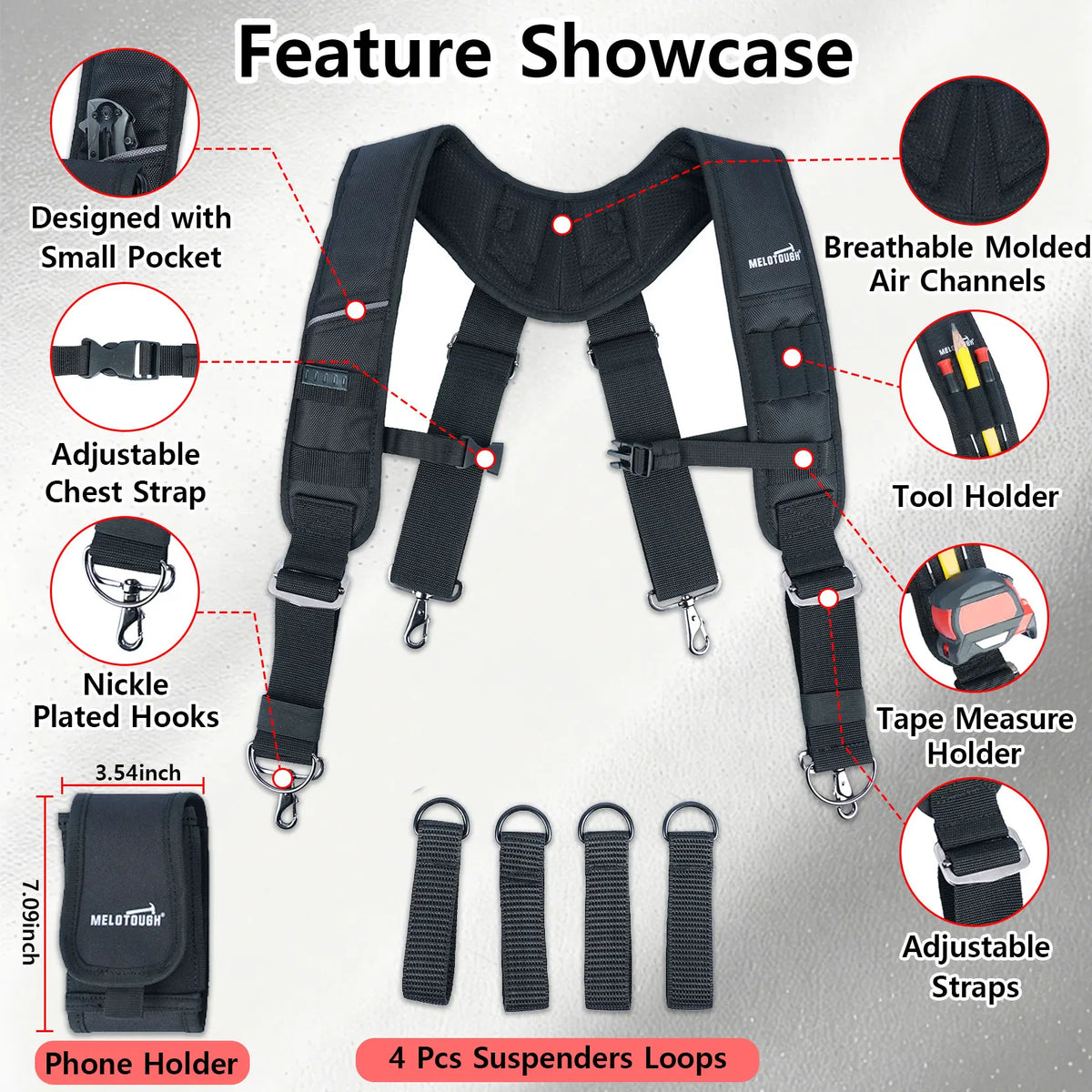 Work Suspenders with Detachable Phone Holder and Tool Belt Support