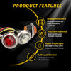 Product features highlighting quality assurance, precision materials, super bright light, and a built load resistor for round