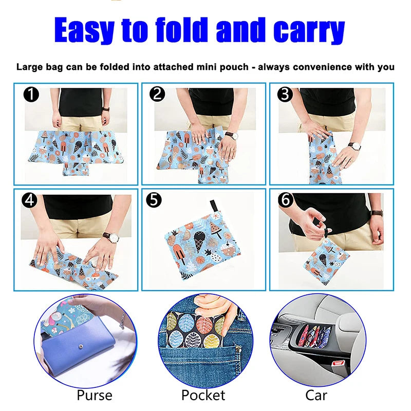 Demonstration of a large bag being folded into an attached mini pouch for easy carrying in various contexts.