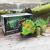 A green dinosaur toy T-Rex is displayed in front of its packaging box.