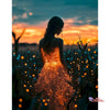 A woman in a sparkling dress is surrounded by glowing lights and plants against an orange sunset background.