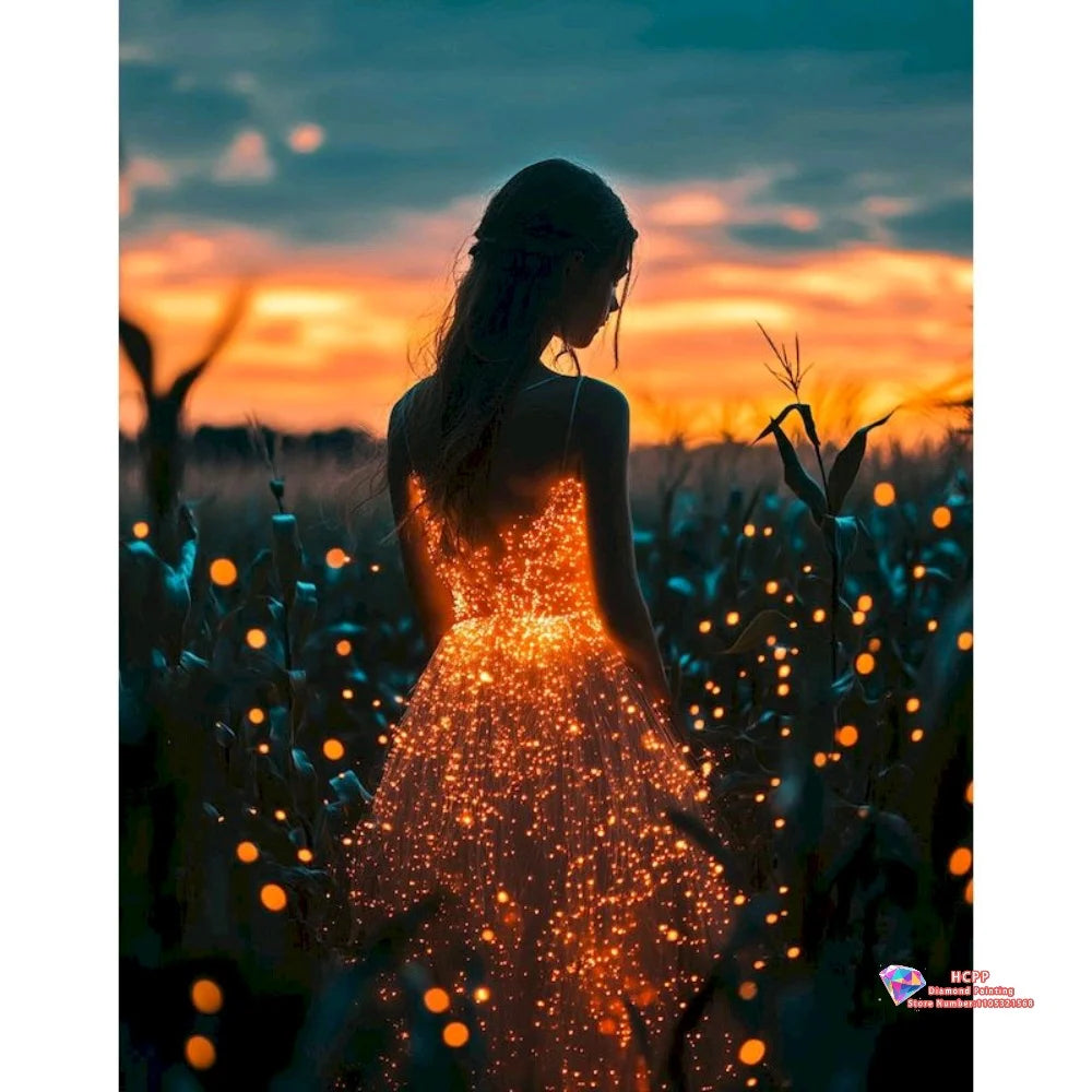 A woman in a sparkling dress is surrounded by glowing lights and plants against an orange sunset background.