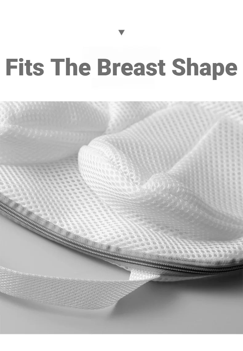 Close-up of a white foldable mesh laundry bag designed to fit the breast shape.