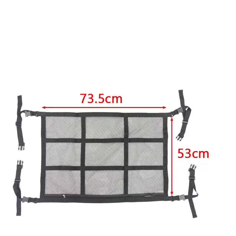 A rectangular black cargo net with black straps and white mesh, measuring 73.5cm by 53cm.