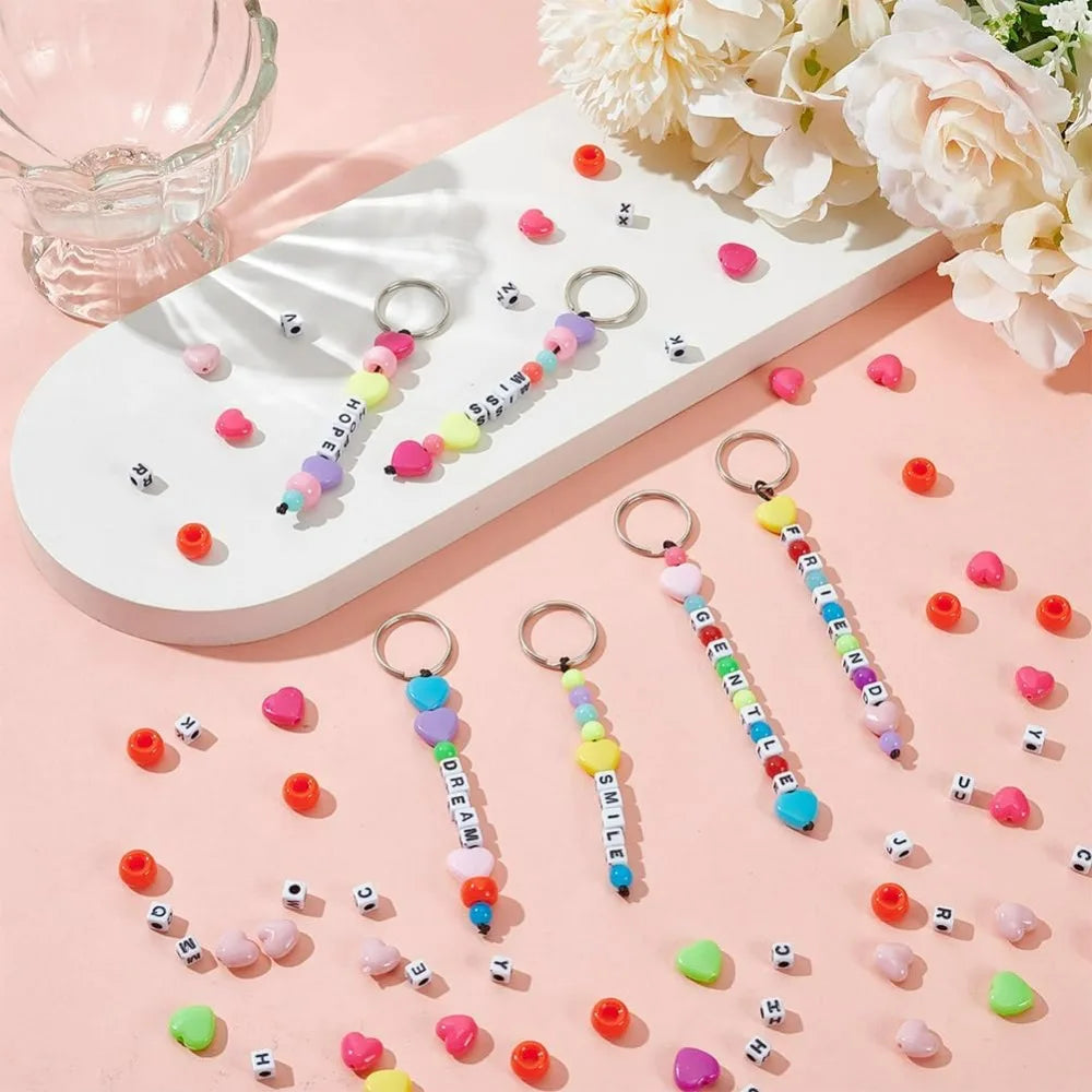 Complete Acrylic Bead Keychain Making Kit with Heart Beads & Rings