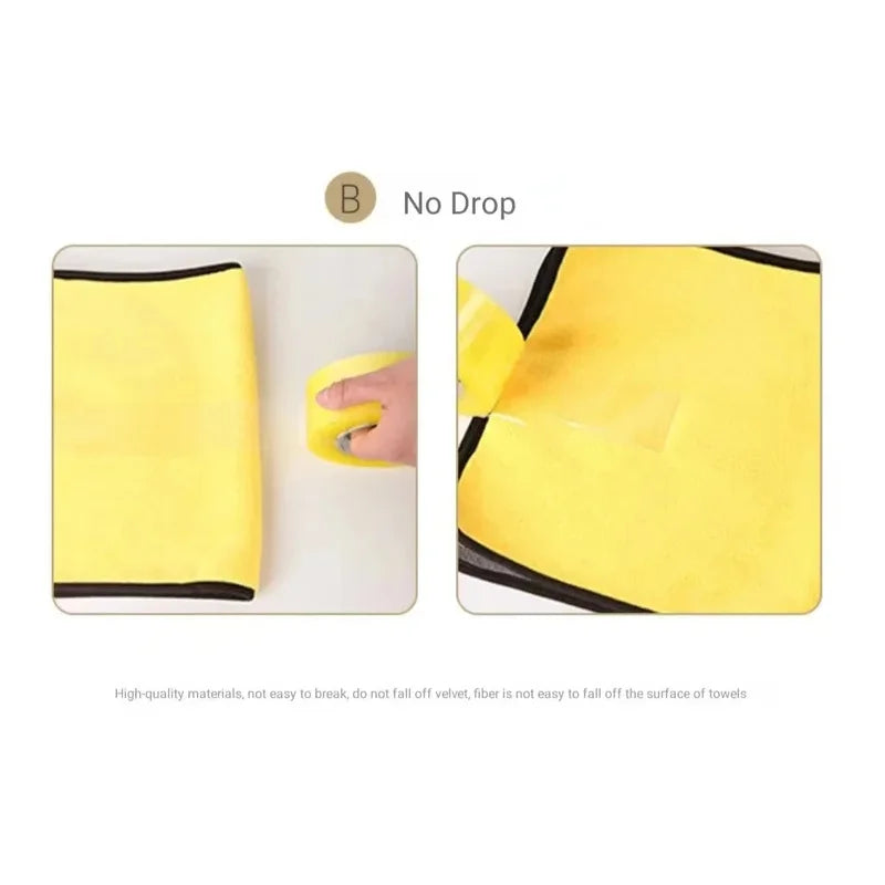 Yellow microfiber car cleaning towel shown in two views, demonstrating its no-drop feature.