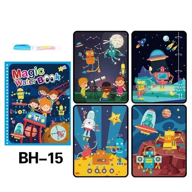 A set of 15 magic water books featuring various imaginative scenes and characters for children.