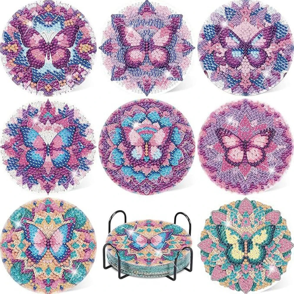 DIY Diamond Art Coaster Set with Holder – 8 Acrylic Coasters for Home Decor and Gifting
