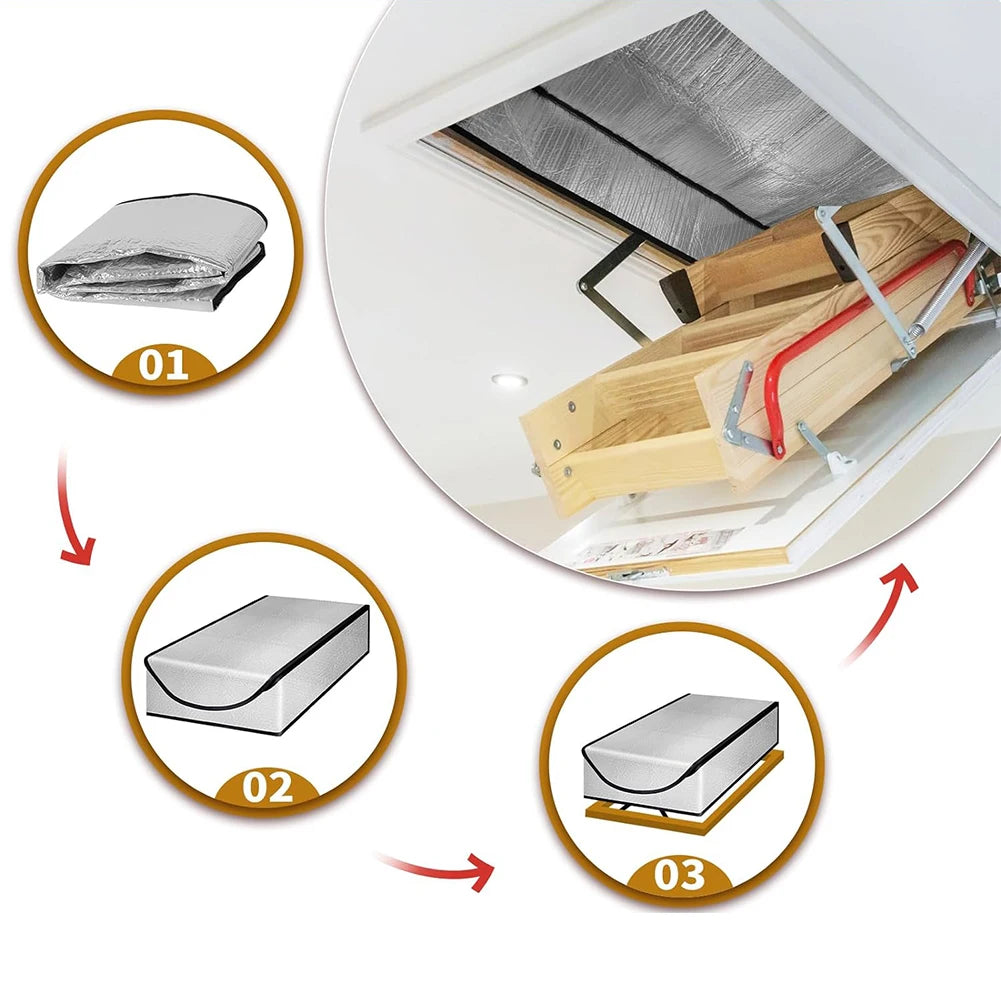 Diagram showing three steps for installing an attic stairway insulation cover with a sealed barrier.