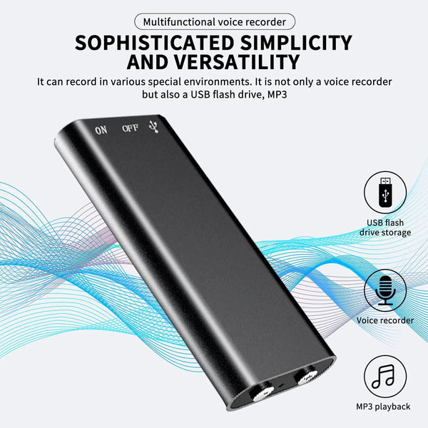 Grabadora multifuncional negra vista de lado, destacando características como almacenamiento en unidad flash USB