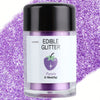 A glass jar of purple edible glitter powder labeled Edible Glitter for baking and dessert decoration against a purple glitter