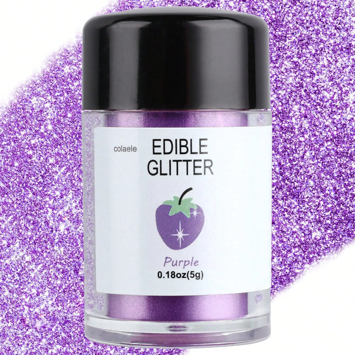 A glass jar of purple edible glitter powder labeled Edible Glitter for baking and dessert decoration against a purple glitter