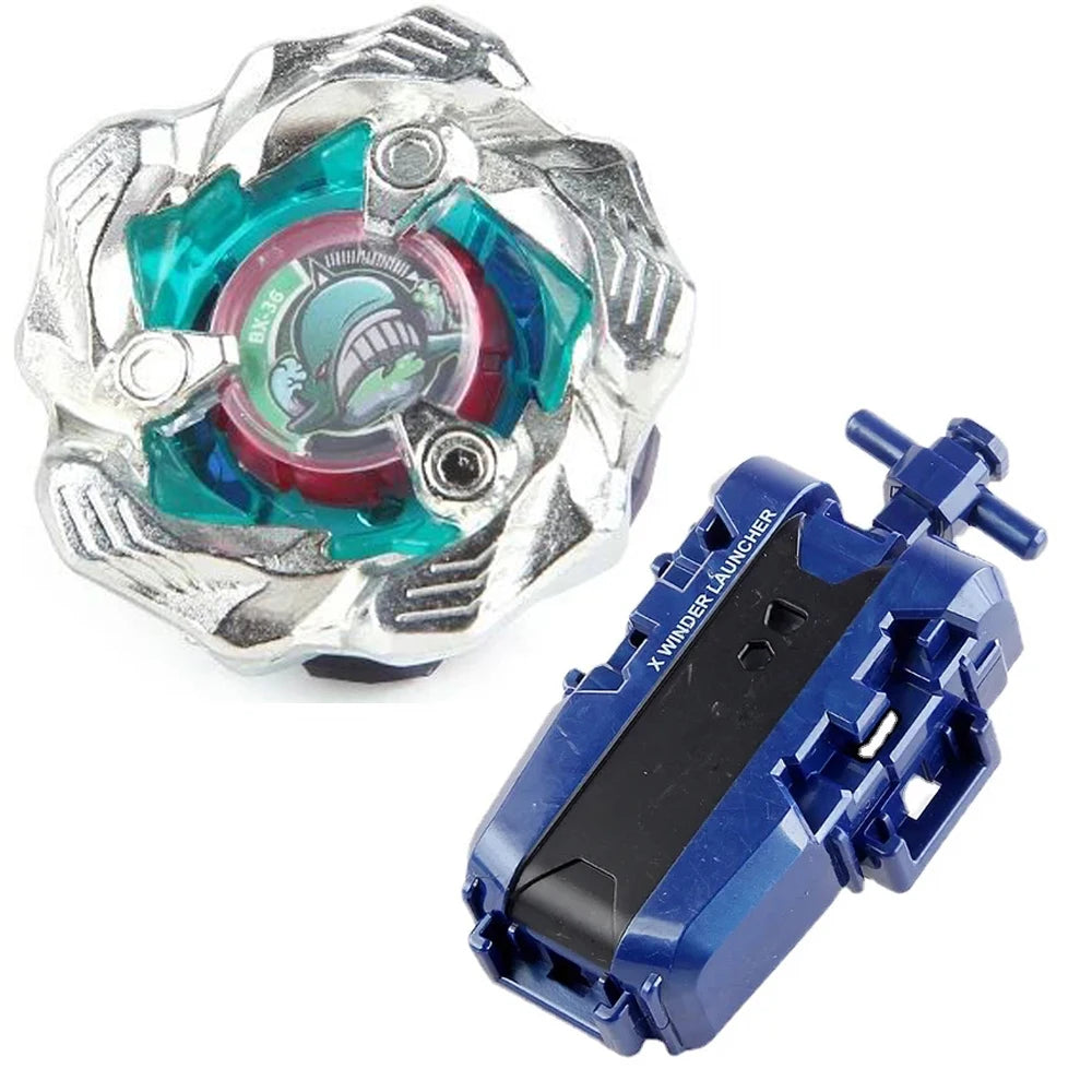A Beyblade starter set featuring a silver gyroscope with a green and red core and a blue launcher piece.