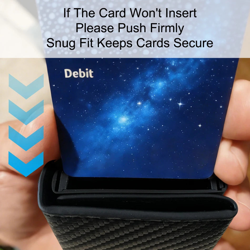 A hand is inserting a debit card into an RFID blocking pop-up wallet with a card holder.