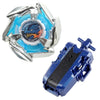 A Beyblade product featuring a silver launcher, blue and orange components, and a black drumsword piece.