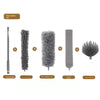 A five-piece set of electrostatic dust duster components including a telescopic pole, chenille head, microfiber tip, crevice 