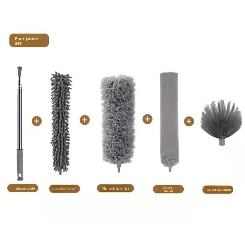 A five-piece set of electrostatic dust duster components including a telescopic pole, chenille head, microfiber tip, crevice 