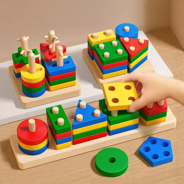 Un ensemble de blocs de construction en bois Montessori colorés empilés en différentes formes et couleurs sur une surface en 