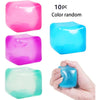 A set of four colorful squishy stress cubes in pink, blue, purple, and green are shown against a white background.