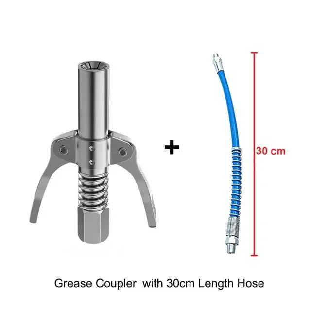 A silver grease coupler with a blue hose and quick-release mechanism.