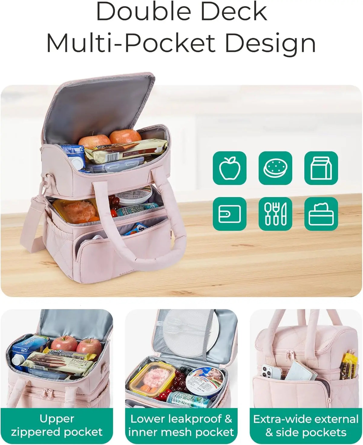 Insulated Double-Deck Lunch Bag with Leakproof Lining