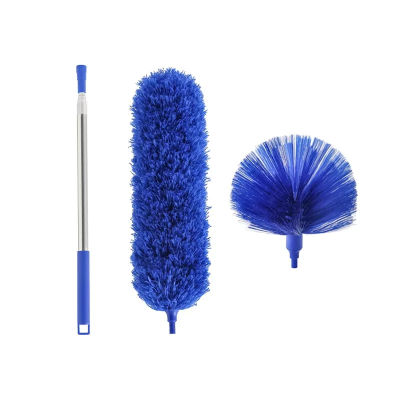 A set of blue extendable microfiber duster with two heads for cleaning high ceilings and fans.