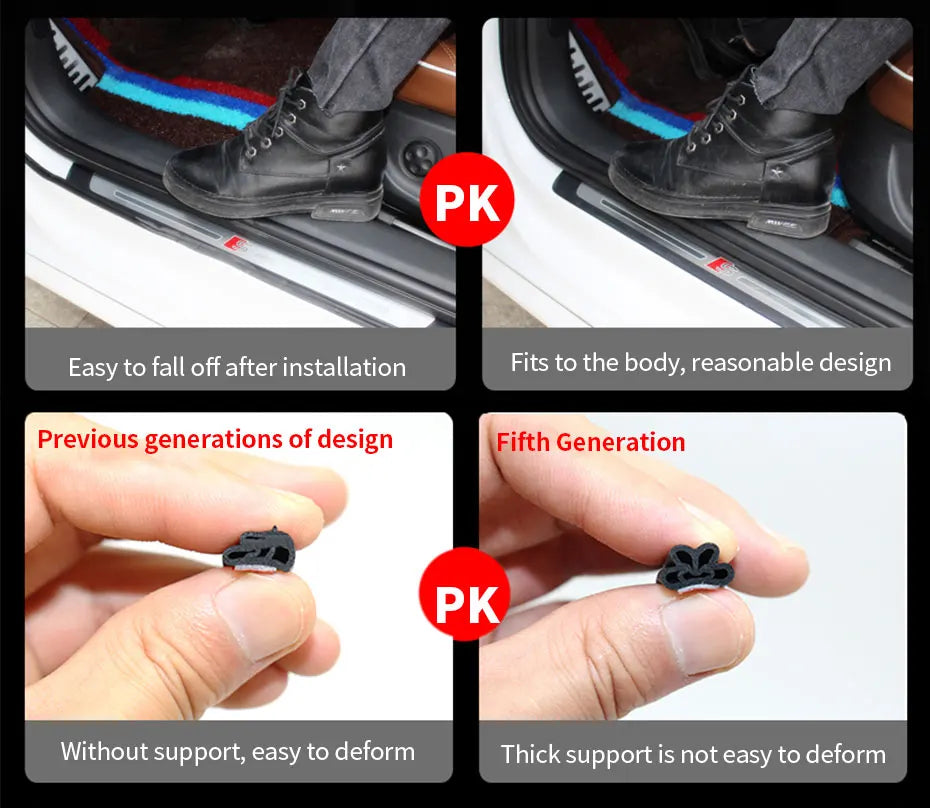 Images showing the installation and deformation resistance of a double-layer self-adhesive car door seal strip.