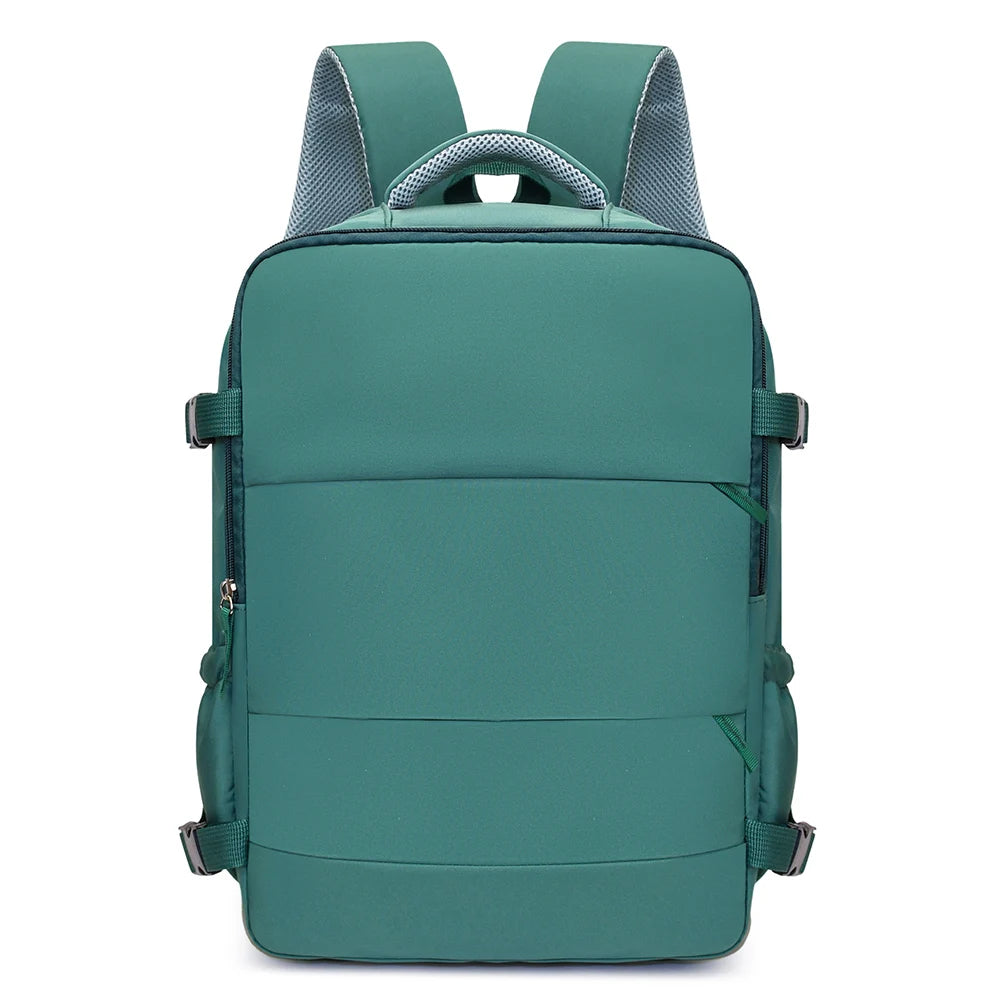 A teal travel backpack with gray accents and straps shown from the back.