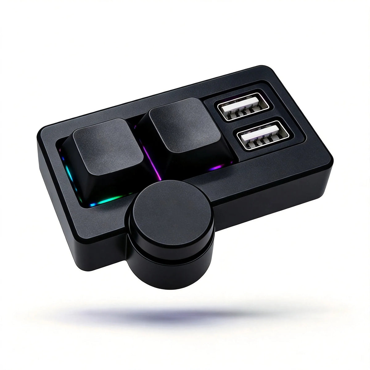 Black RGB backlit hot-swappable mini mechanical keyboard with a multimedia knob and USB ports